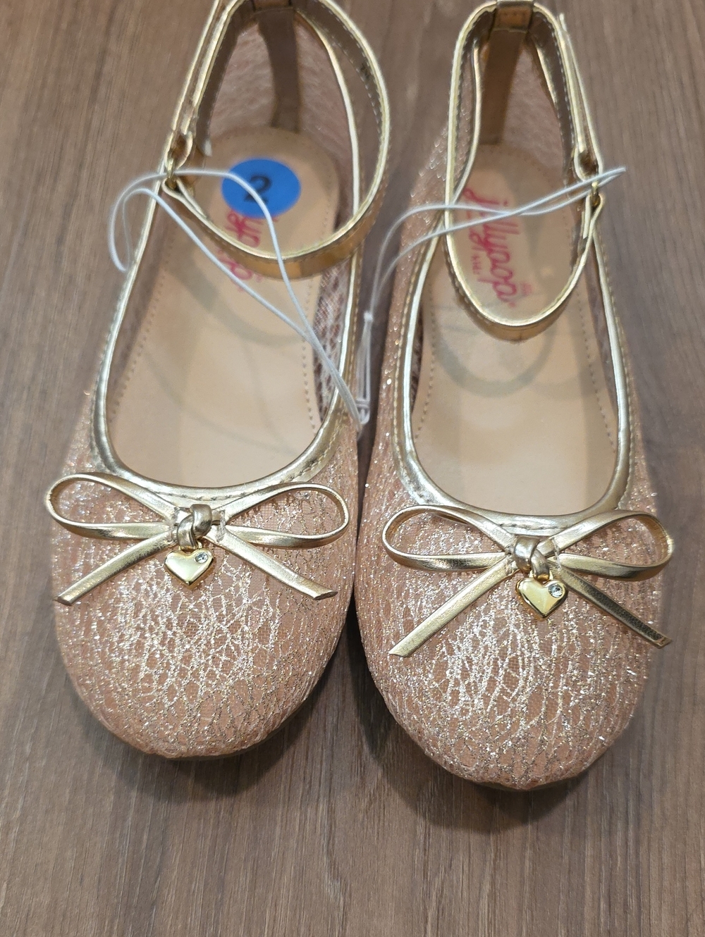 Girl's Shimmery Rose Gold Ballet Flats with Ankle Strap. Size 2.